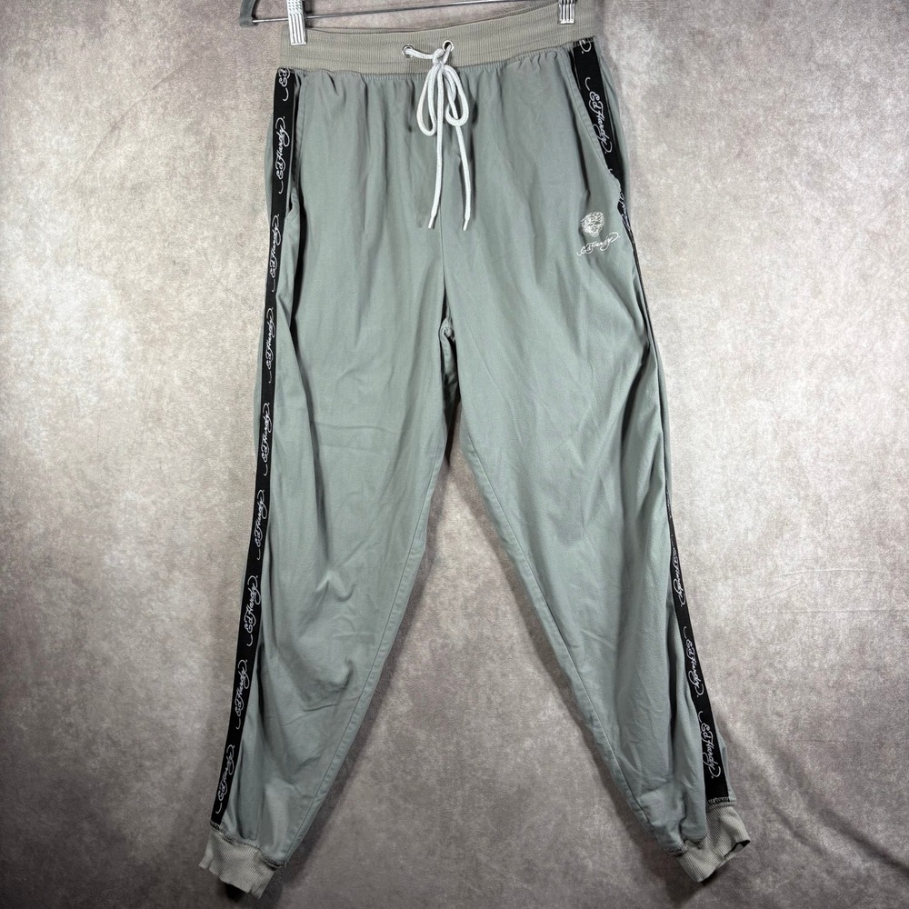 Ed Hardy Joggers Mens Size Large Gray Logo Side Tape Y2K Streetwear Pants Active